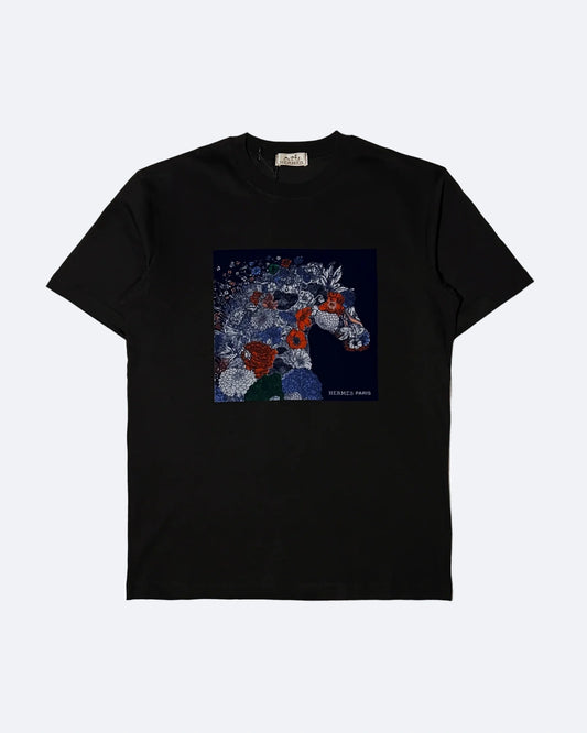 Hermes - Flower Horse Velour Print T-Shirt - Black
