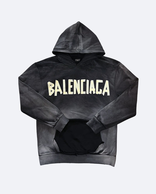 Balenciaga - Yellow Tape Distressed Hoodie - Washed Black