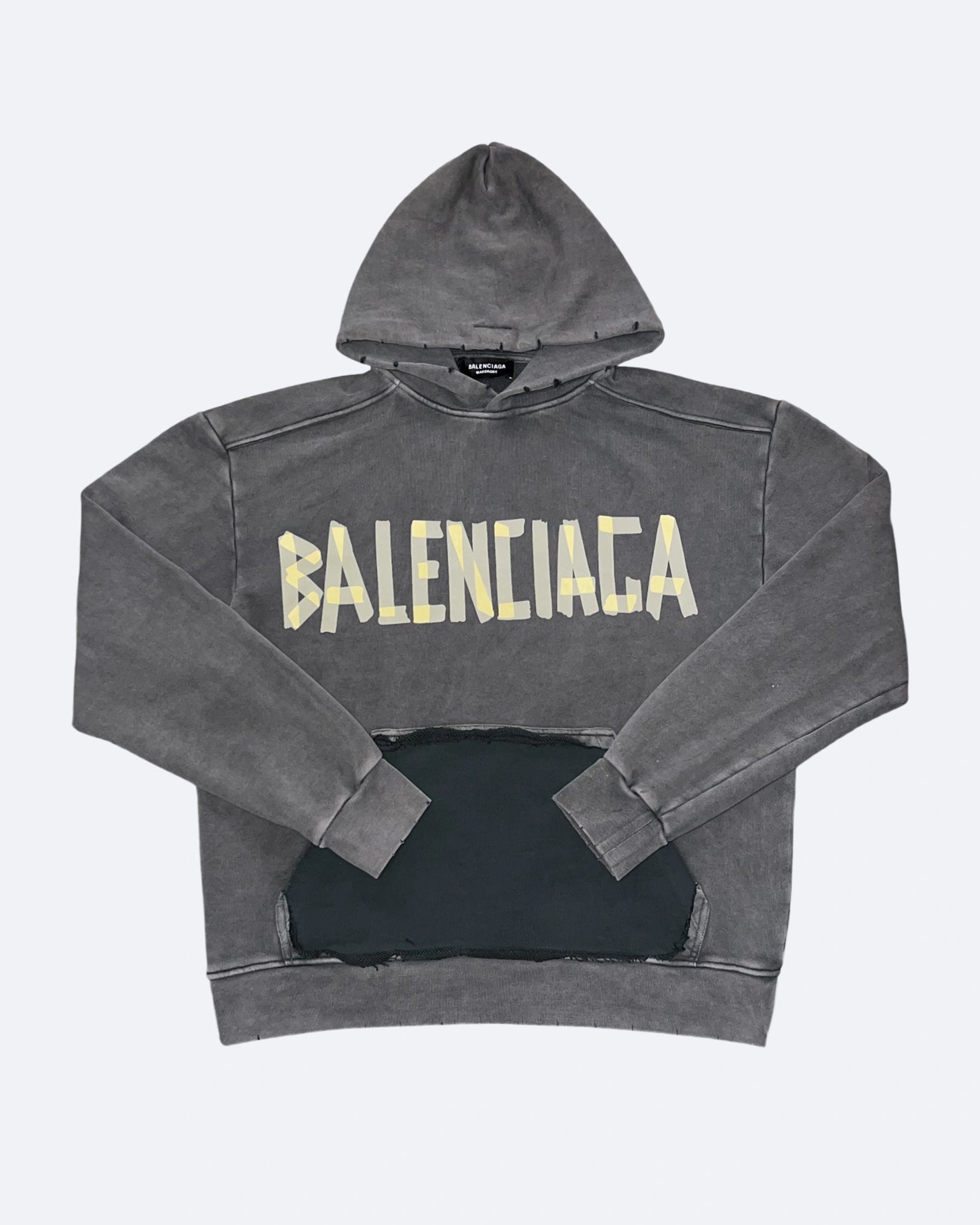 Balenciaga - Yellow Tape Distressed Hoodie - Washed Gray