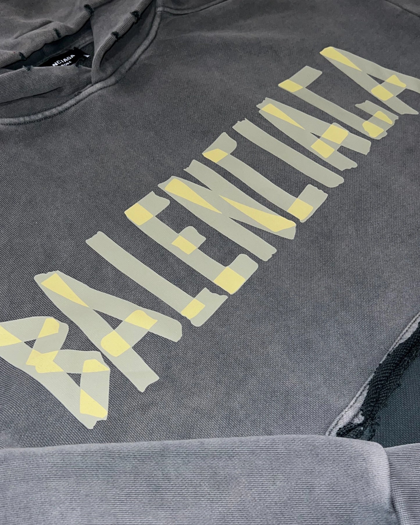 Balenciaga - Yellow Tape Distressed Hoodie - Washed Gray