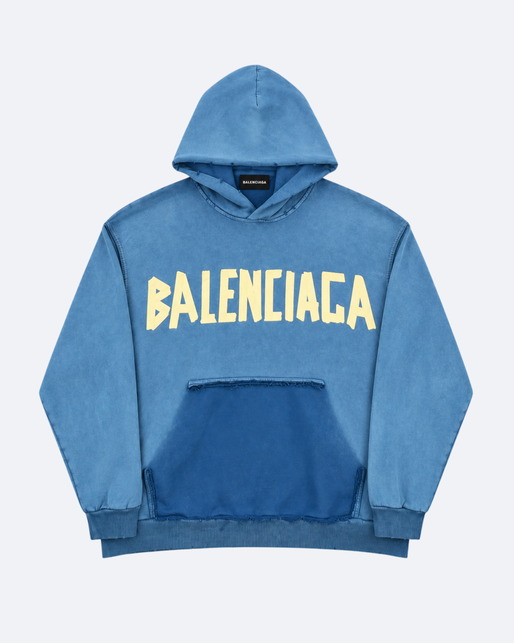 Balenciaga - Yellow Tape Logo Distressed Hoodie - Blue