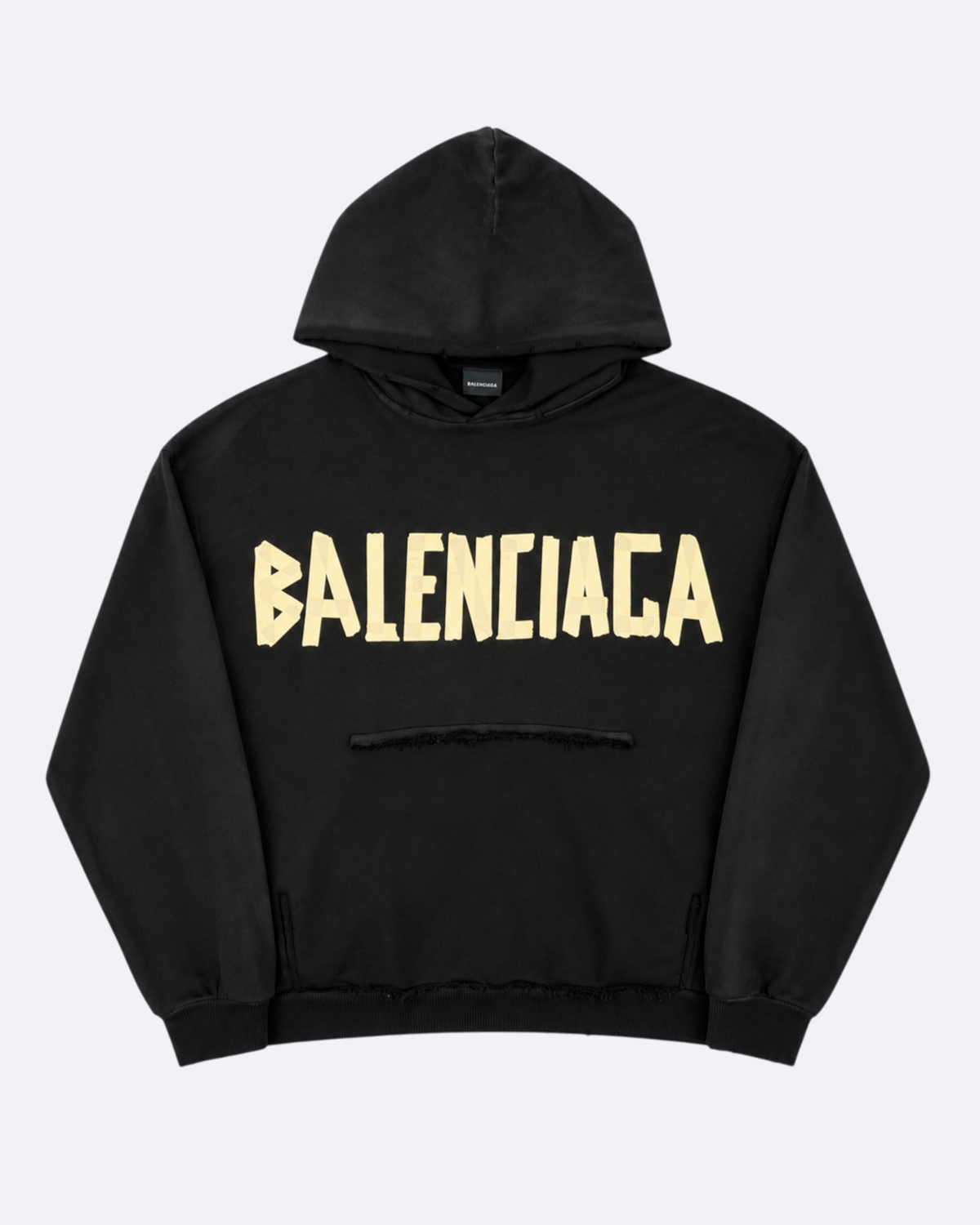Balenciaga - Yellow Tape Logo Distressed Hoodie - Black